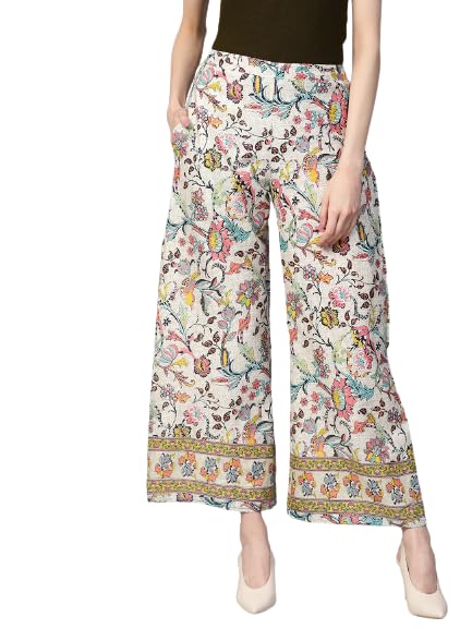 Image of Yuris Women Beige Pink Printed Wide Leg Palazzos -