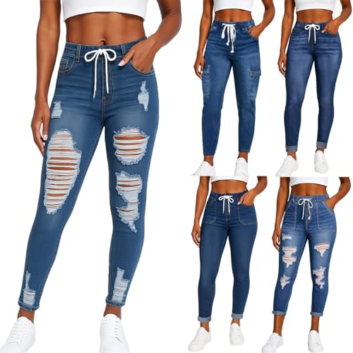 Jeggings for Women Tummy Control High Waist Stretchy Dark Blue Drawstring Jeans Curvy Butt Lifting Denim Leggings