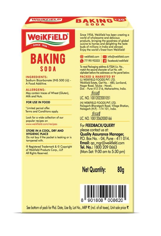 Image of Weikfield Baking Soda 80gm | Super Saver Pack | Food Grade Sodium Bicarbonate | Perfect & Versatile for Baking, Cooking | Multipurpose Household & Kitchen use