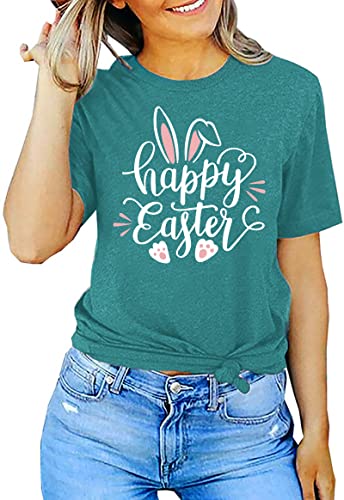 Image of Women Happy Easter T Shirt Bunny Rabbit Graphic T-Shirt Funny Letter Printed Shirts Short Sleeve Tops
