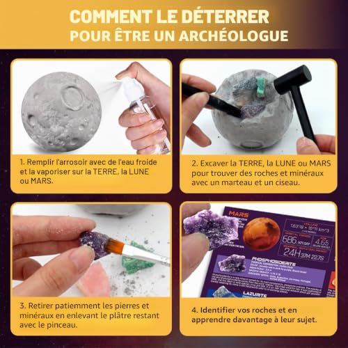 PIBEX Kit de creusement de pierres précieuses 3 en 1 pour système solaire, déterrez 15 roches et minéraux authentiques, planètes explorez l'expérience STEM, jouet cadeau pour garçon et fille, kit – vue 3