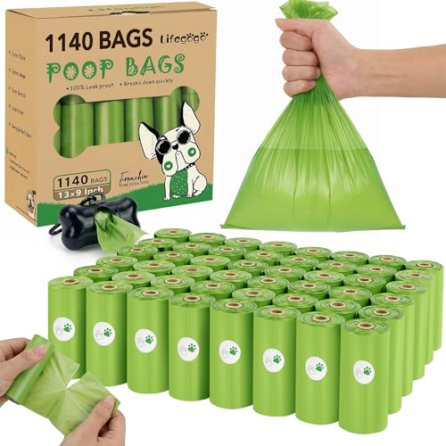 Poo Bags - 1140 Counts Unscented Extra Thick Strong Leak Proof Dog Waste Bags with Dispenser, Green - 57 Rolls (13 x 9 Inches)