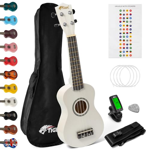 Tiger Kit de Ukelele Soprano, Principiantes Paquetes, Color Blanco