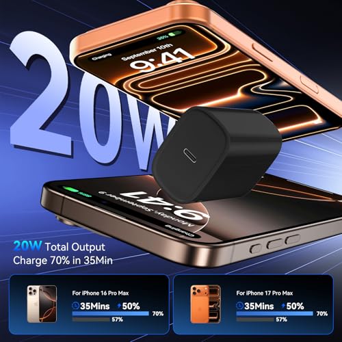 Image of Phone 17 16 15 Pro Charger Fast Charging, 20W USB C Fast Charger Block with 6.6FT Long Type C Chargers Fast Charging Cable Cord for Phone 17 /17 Pro /17 Pro Max /Air /16 Pro Max /16 Pro /15Pro Max /Pro, S24