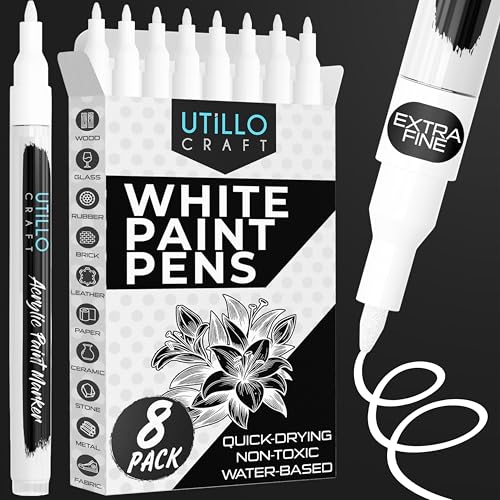 Utillo Craft White Paint Pen (8-Pack) Extra Fine White Paint Markers for Metal Fabric Wood Glass Paper Plastic Rock Leather | Bold Color Permanent White Acrylic Paint Pen 0.7mm | Artist DIY