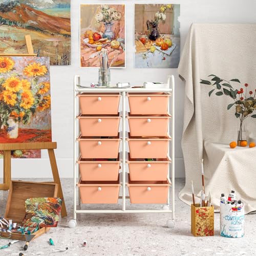Image of LDAILY 10 Drawer Rolling Cart, Storage Cart Organizer on Wheels, Drawer Cart with Metal Frame & Large Storage Capacity, Rolling Cart with Drawers for Living Room Classroom, Office