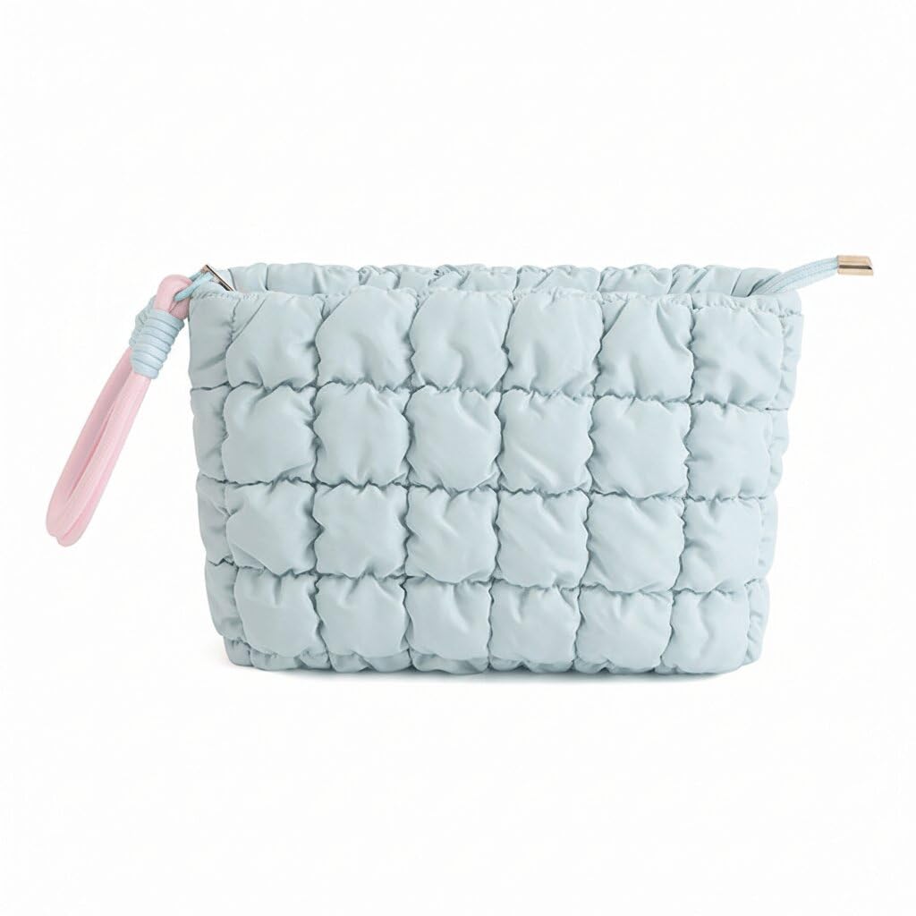 Soft Quilted Cosmetic Bag with Zipper | Large Capacity Padded Makeup Organizer | Travel Toiletry Pouch | Water-Resistant Makeup Bag for Women (Blue)-image-23