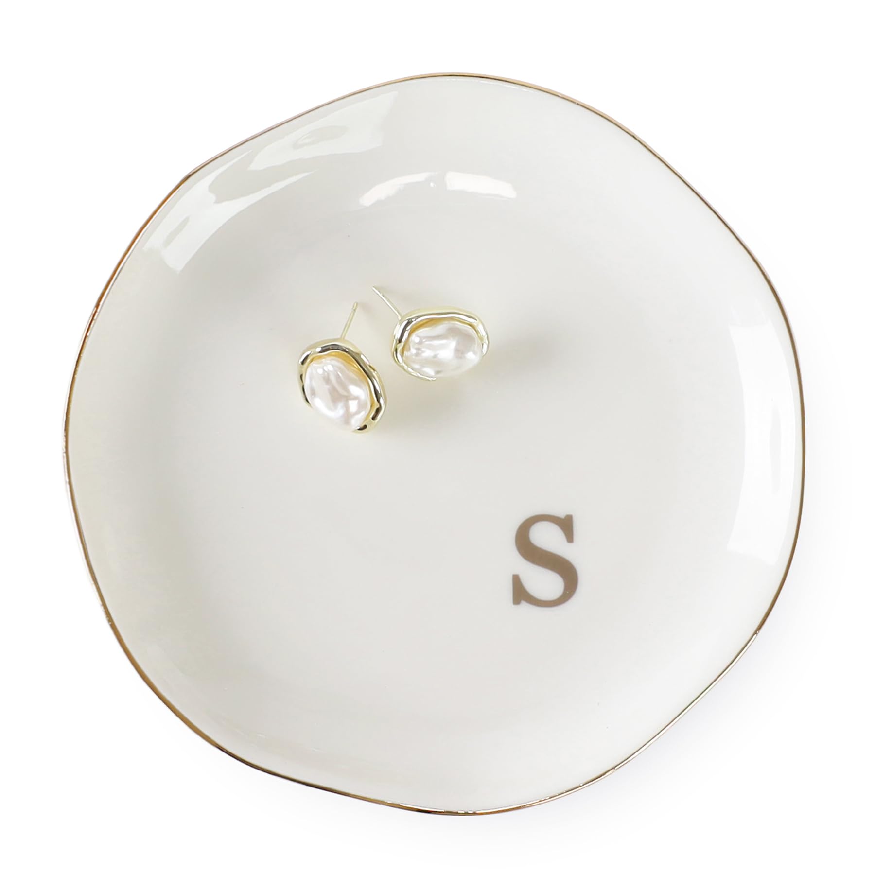 HOME SMILE Initials Ring Dish Jewery Tray with Personalized S-Monogrammed Engagement Wedding Gifts for Friends,Sister,Birthday Christmas Gifts for Women,Ceramic White