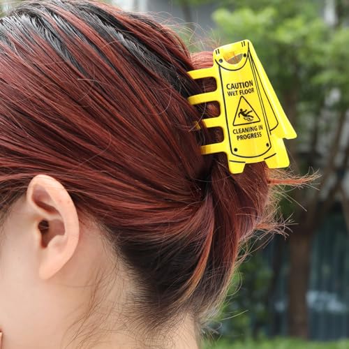 Caution Wet Floor Sign Hair Claw, Cleaning in Progress Hair Clips, Personalized Acetate Hair Claw for Women Yellow