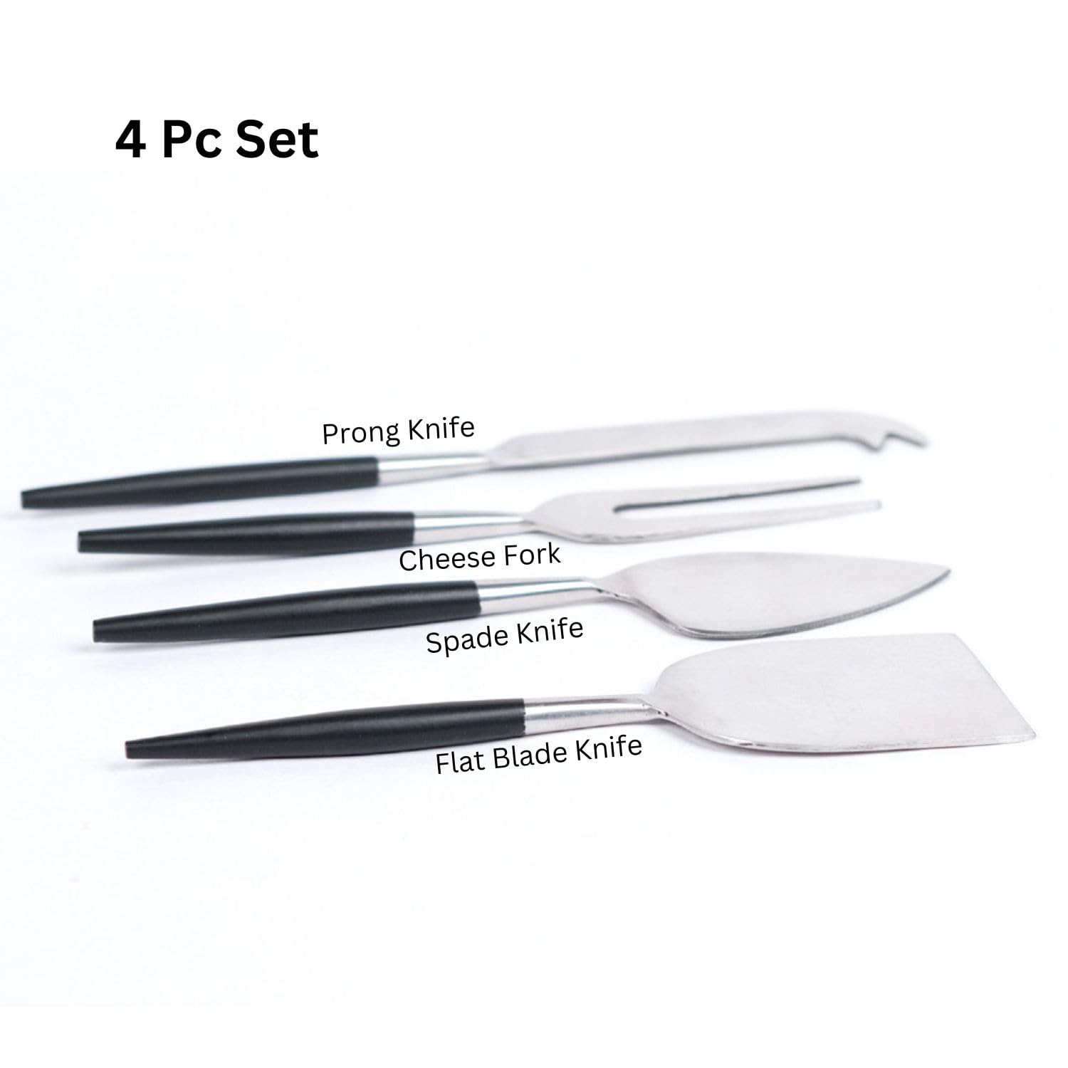 VarEesha Radiant Black Handle Silver Heads Cheese Knives Set | Set of 4 Pieces Cheese Knives, Stainless Steel Cheese Spreader,Slicer,Prongs,Fork 2