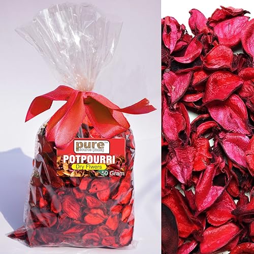 Image of Pure Source india Unscented Dried Flowers Leaves Potpourri Gift Bag for Home Decoration Room Office Bathroom Vase Fillers (50 GM Potpourri Bag RED)