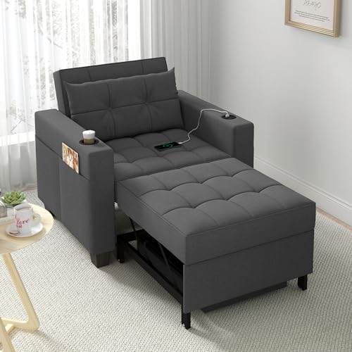 DURASPACE Ausziehbares Schlafsofa 3-in-1-Wandsofa Schlafstuhlbett mit USB-Anschluss, Getränkehalter, verstellbaren Sesselbetten für kleine Räume, Wohnungen, Wohnzimmer, Büros (Dark Gray)