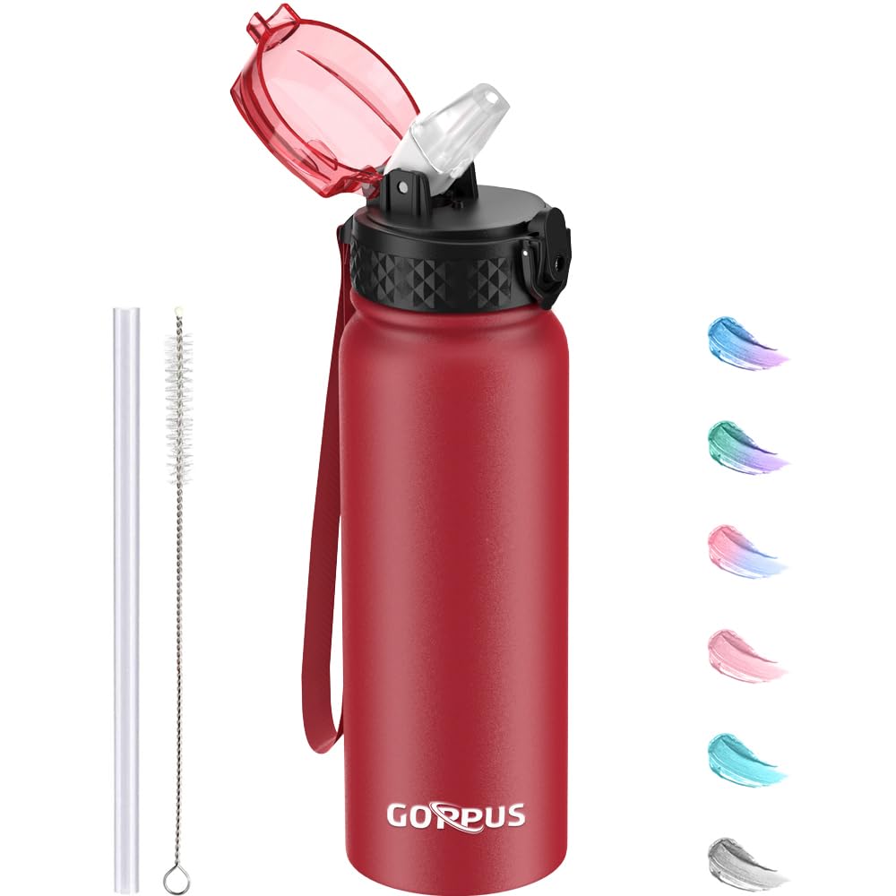 GOPPUS 600ml/20oz Stainless Water Bottle with Straw Double Wall Insulated Bottles with Strap One Hand Open Vacuum Thermal Flask Leakproof Keep Cold Bottles with Flip Top Lid BPA Free (Red) — image 1