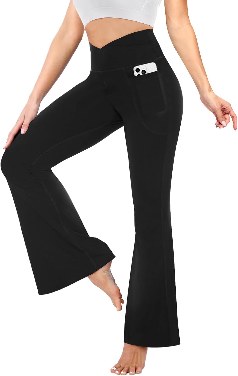 YOLIXFlare Leggings for Women with Pockets - Crossover High Waisted Black Flared Leggings for Yoga Gym Workout