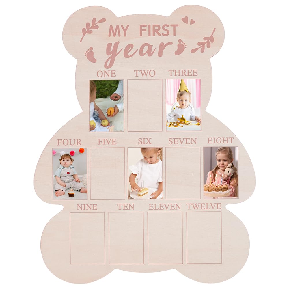 UNICRAFTALE Cornice portafoto Il mio primo anno 12 mesi Bambino personalizzato Immagine Regalo Foto Collage Supporto a parete Orso in forma di ricordo per il compleanno Decorazione per cameretta dei