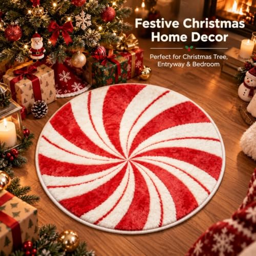 Aufmer Christmas Candy Swirl Door Mat 23.62 Inch Large Round Bathroom Rugs - image 4
