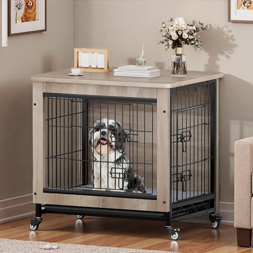 DWVO Dog Crate Furniture with Wheels, 27″ Dog Kennel Indoor with Cushion, Dog Crate End Table with Tray for Small Dog (Grey)