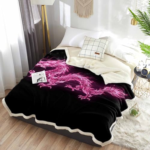 Sherpa Fleece Throw Blanket 60x80In, Abstract Pink Flames Dragons on