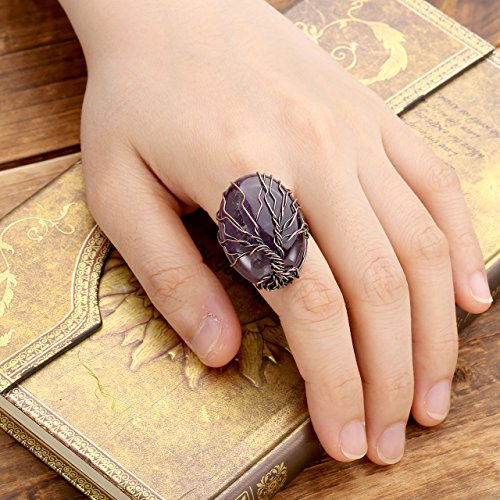 Top Plaza Handmade Retro Vintage Copper Wire Wrapped Life Tree Oval Gemstone Healing Crystal Adjustable Ring Bronze Band Size 6 7 82