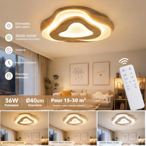 Plafonnier LED bois dimmable 35W avec télécommande pour salon