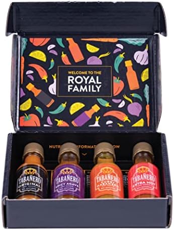 Mini Hot Sauce Gift Set by Tabanero, Variety Sampler, Original, Extra Hot, Spicy Agave & Curry Habanero, Natural, Gluten Free, Low Sodium, Vegan, Kosher, Made in the USA, 4-Pack, 1.7 oz. Each