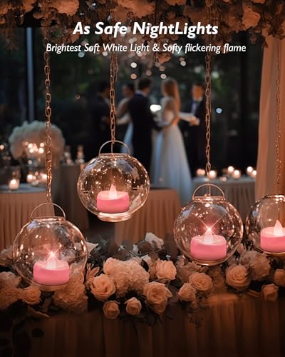 Image of merrynights Flameless Candles, 12 Pack Tea Lights Candle Battery Operated, LED Tealight Votives, Realistic Tea Lights for Wedding Christmas Party Home Decor -D 1.5 inch x H 1.25 inch -Pink Light