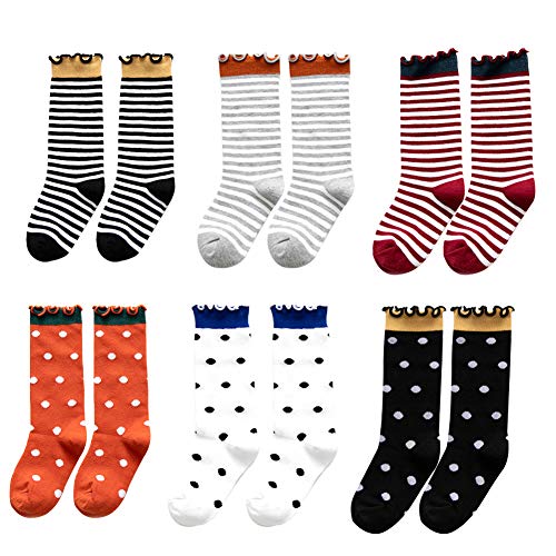 CDJX Calcetines tobilleros para niños, 6 pares de calcetines con volantes, diseño de rayas, multicolor