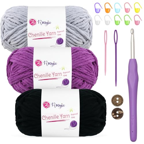 Renyiz Chunky Chenille Yarn for Crochet Fluffy Yarn for Baby Blanket 3x50g Soft Fluffy Wool with 5mm Crochet Hook Amigurumi Crochet Yarn for Beginners (Grey-3)