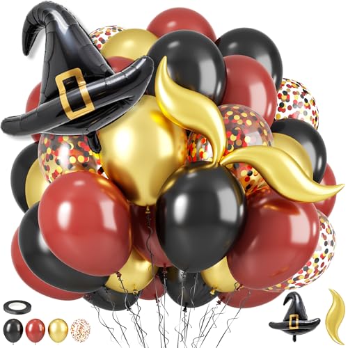 Magical Theme Balloons, Burgundy Black Gold Confetti Balloons wit...