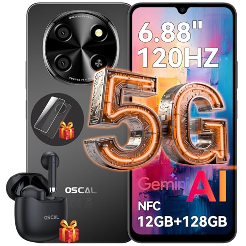 OSCAL Tiger 8 5G Mobile Phones, Newest DokeOS(Android 15 PRO), 6.88" HD+ 120Hz Display, 12GB+128GB/2TB, Smart Phone 16MP+8MP AI Camera, 5000mAh/18W, Face ID/Fingerprint/GPS/OTG/NFC - Christmas