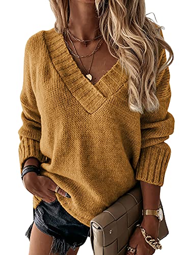 Image of Womens Loose Sweaters Sexy V Neck Long Sleeve Solid Knitted Jumper Pullover Sweatshirt Tops
