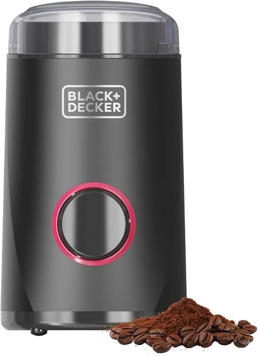 BLACK+DECKER - Elektryczny młynek 150 W | Ostrza ze stali nierdzewnej | Pojemność 50 g | System blokujący | Zwijany kabel | Antypoślizgowe nóżki | Kompaktowy i stylowy, idealny do kawy i przypraw