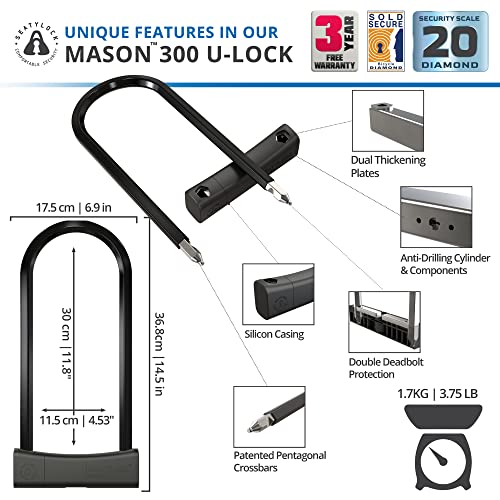 Seatylock Mason Bike U Lock - Patented Heavy Duty Anti Theft Diamond Security Bicycle Lock - Super Wide Safety Master Tool Ulock With Keys For Electric Bikes Scooters And Motorcycles (11.8 Inch) #TOP2