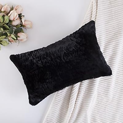 Home Brilliant Plush Deluxe Mongolian Faux Fur Suede Accent Decorative Throw Pillow Decorations Sham Oblong Rectangle Cushion Cover for Bed, 12x20 Inch, Black