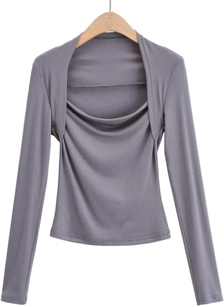 Chic Women's Clothes Solid Slim T Shirt Fake Two Pieces Long Sleeve Deep Collar T-Shirts