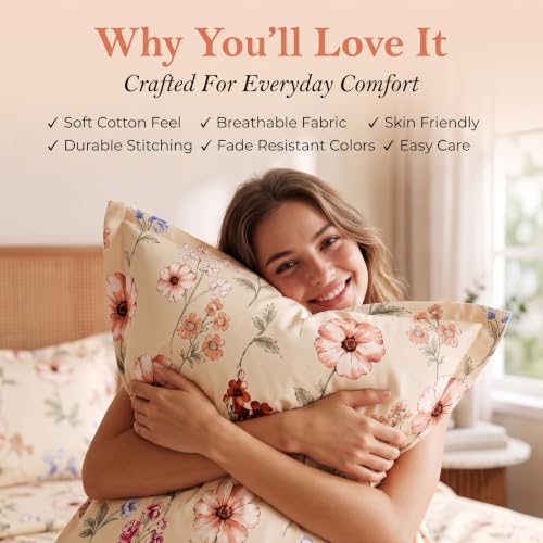 Image of BSB HOME 240 TC Cotton Double Bedsheet with 2 Pillow Covers, Soft & Breathable Floral Print Bed Sheet, Fade Resistant, Easy Care Bedding Set, 90 x 100 Inches (228 x 254 cm) - Blush & Periwinkle Floral