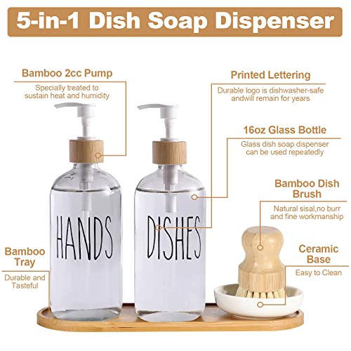 Kitchen Soap Dispenser Set, 5 PCS Hand and Dish Soap Dispenser with Bamboo Dish Scrub Brushes, and Tray - Image 4