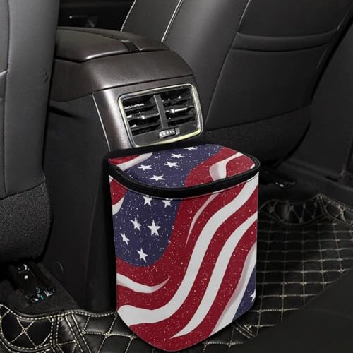 Image of Talayituse American Flag Star Print Car Trash Can with Lid, 4th of July Leak Proof Auto Trash Bag Hanging Vehicle Garbage Can Multipurpose Storage Container for Back Seat Road Trip