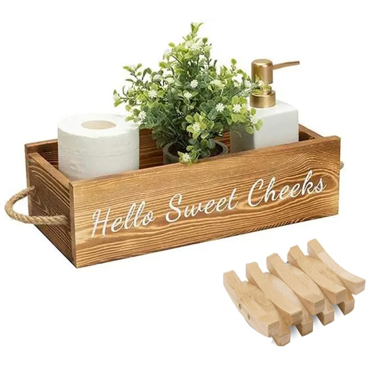 Funny Bathroom Décor Wooden Crate – Rustic Toilet Paper Holder Box with Rope Handles – “Nice Butt” and “Hello Sweet Cheeks” Bathroom Storage Basket (Set of 1)