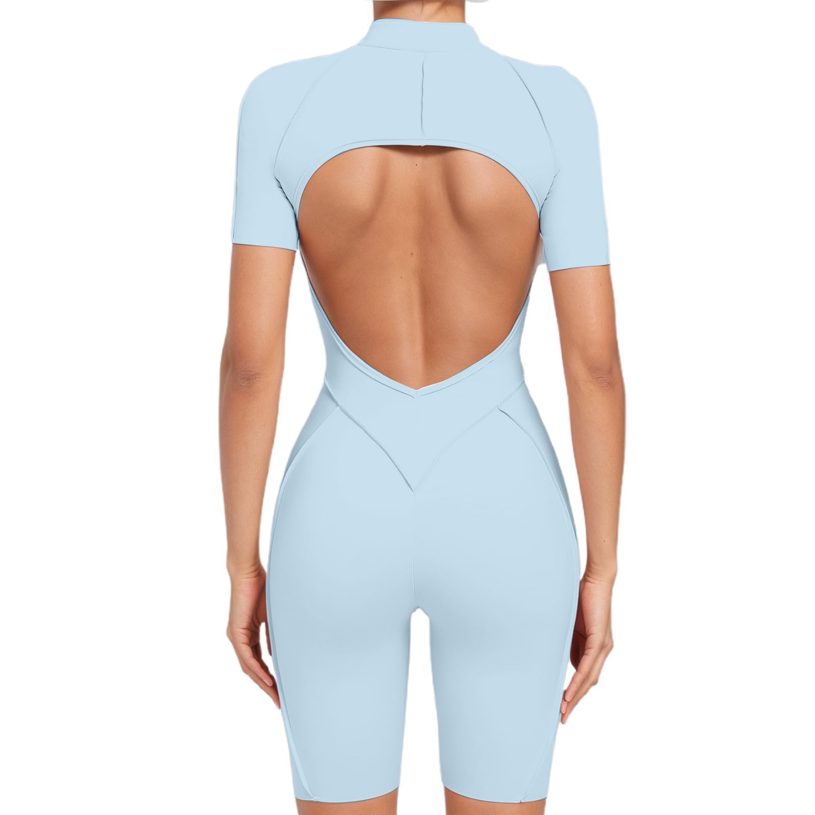 Generisch Combinaison de sport courte pour femme, avec fermeture éclair sur le devant, manches longues, dos nu, push-up, avec poches, short de fitness, une pièce, pour entraînement, yoga, gym, course