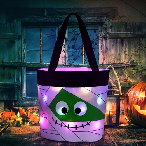 Hutuzldz Halloween Trick or Treat Candy Bags LED Light Up Pumpkin Bucket Collapsible Reusable Candy Basket Fabric Tote Gift Goody Bags for Kids Halloween Party (White)