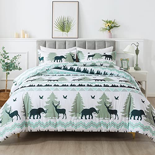 Andency Reversible Camper Comforter Set Queen (90X90Inch), 3 Pieces Camping Woodland Moose Elephant Pinetrees Comforter, Lightweight Microfiber Rustic Lodge Bedding Comforter Set #TOP14