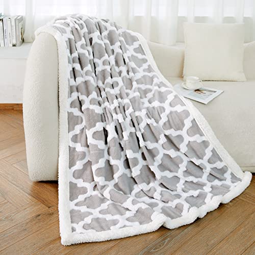 Sherpa Fleece Blanket Throw Size Fuzzy Soft Bed Blanket Dual Sided Throw Blanket fit Couch Sofa Thick Blanket Plush Warm Blanket Cozy Blanket Microfiber, Gray Quatrefoil Pattern 51