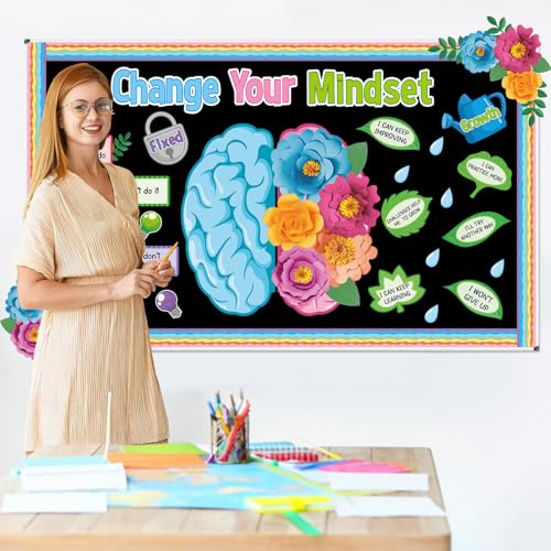 3D Bloom with a Growth Mindset Bulletin Board Set Change Your Mindset Classroom Decorations Back to School Motivational Inspirational Floral Brain Cutouts for Calm down Corner Supplies Wall Door Decor - Image 5