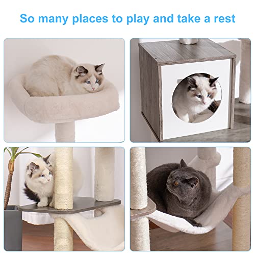 Image of Hey-brother Wooden Cat Tree, 66.1 inch Cat Furniture with Scratching Posts, Modern Cat Tower with hammocks, Toys, cat condo, Rustic Gray MPJ120SG