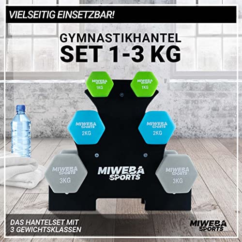 Miweba Sports Neopren Hantelset NKH120 | 𝐏𝐫𝐨𝐟𝐢 Hantel - Hexagon Hanteln Set - Kurzhanteln - Kurzhantel Set - Neoprenhantel - Hantelständer - Hantel - Dumbbell - 1-3kg (Grün/Türkis/Grau)