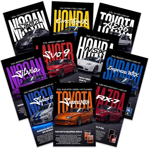 Image of SoulAbiti 10 Pcs JDM Car Posters for Boys Room & Garage - Iconic Supercars Wall Art (Supra MK4, GTR R34, RX7) - Automotive Decor with Engine Specs (Peel & Stick, 370 GSM) (A4 (8.3x11.7 Inch))