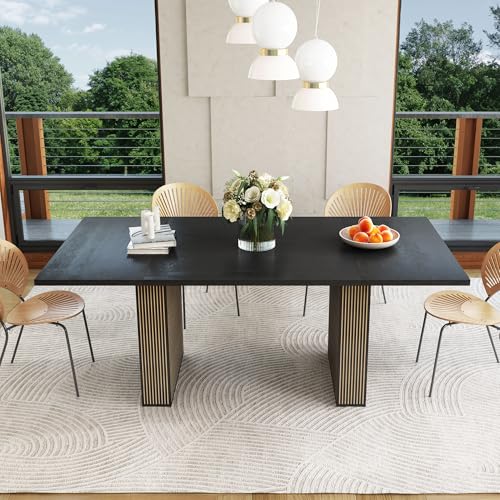 Image of 78 Inch Rectangular Dining Table for 6 to 10, Farmhouse Fluted Dining Kitchen Table, Modern Wood Long Dining Table for Kitchen Living Room, Black