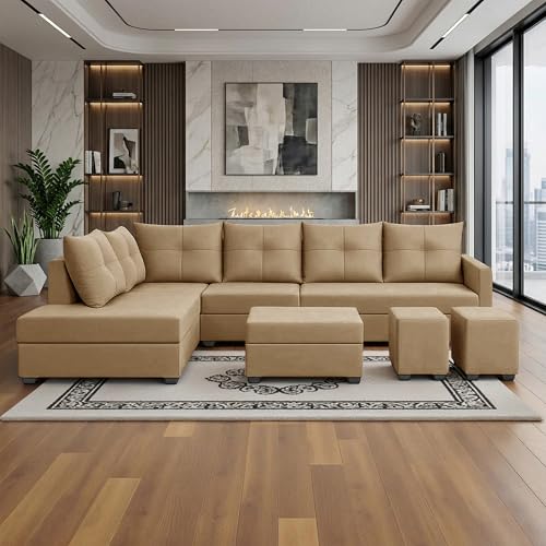 Image of Wood 8 Seater Sofa Set with Ottoman & Stools | Velvet Fabric Upholstery | Modern L Shape Wooden Frame Couch for Living Room, Home & Office (Golden)