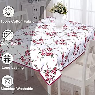 URBANO HOMZ 100% Cotton Rectangular Table Cloth for 6 Seater Dining Table, 145 Cm X 220 Cm Dining Table Cover 6 Seater, Floral Pink and White Design with Lace Piping